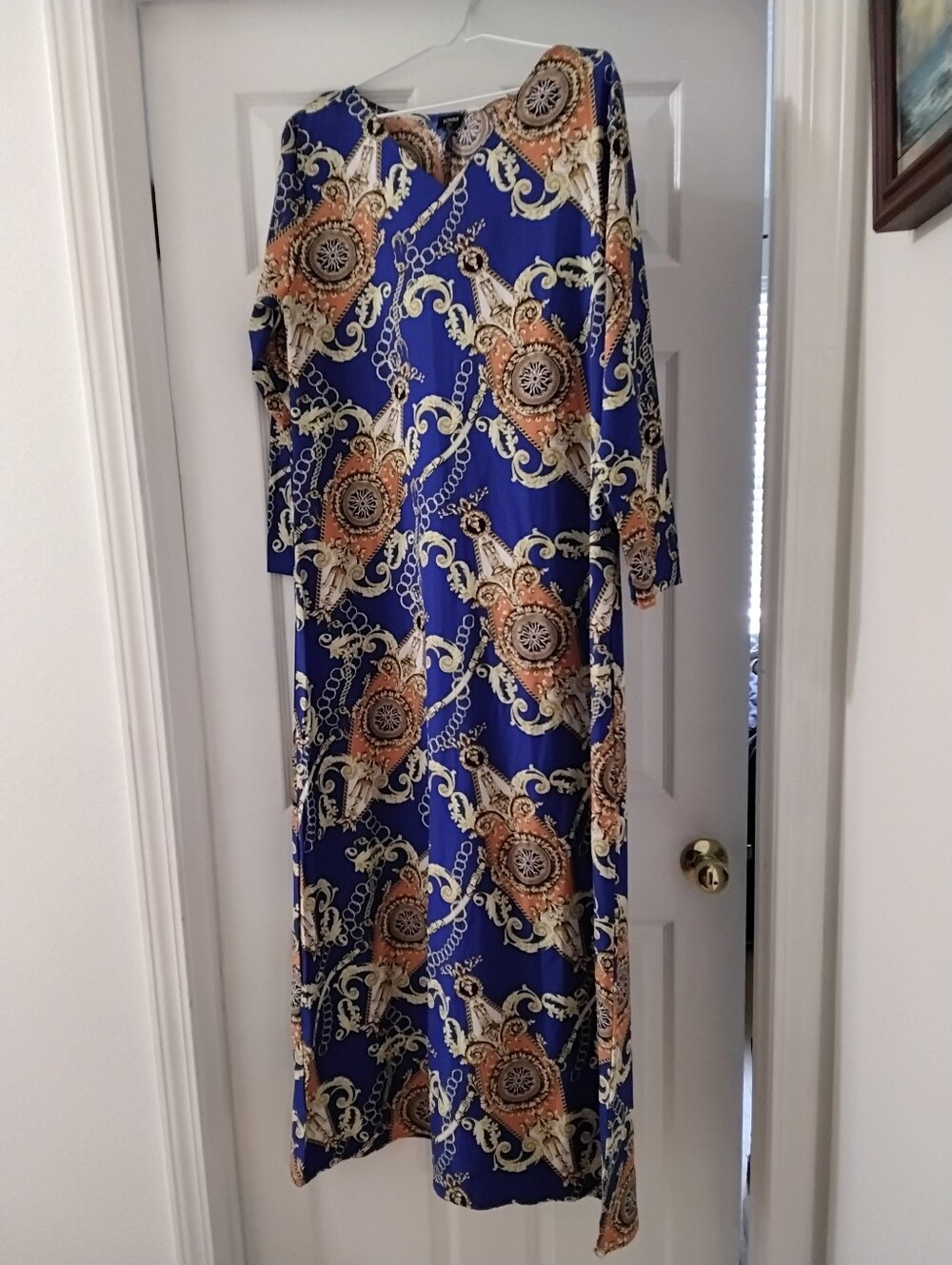 Blue and Gold Medallion Print Long Maxi Dress